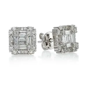 18ct white gold claw set baguette & round brilliant cut diamond stud earring