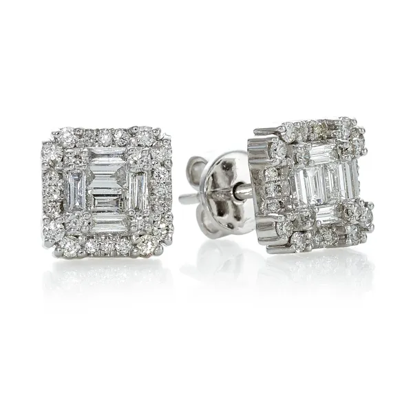 18ct white gold claw set baguette & round brilliant cut diamond stud earring