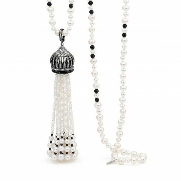 black rhodium silver cubic zirconia, black agate beads and fresh water pearls tassel necklace