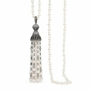 black rhodium silver cubic zirconia and fresh water pearls tassel necklace