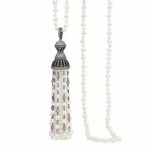 black rhodium silver cubic zirconia and fresh water pearls tassel necklace