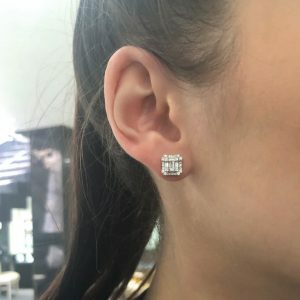 18ct white gold baguette and round diamond stud earrings