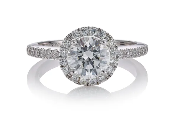 18ct White gold round brilliant cut diamond engagement ring with halo and diamond band