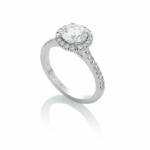 18ct White gold round brilliant cut diamond engagement ring with halo and diamond band