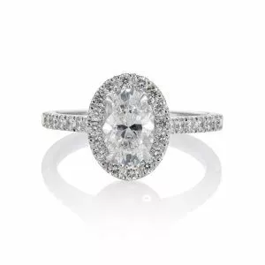 18ct white gold oval diamond engagement ring with halo and diamond band