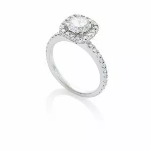 18ct white gold round diamond engagement ring with cushion shape halo