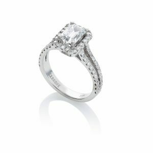 18ct White gold emerald cut diamond engagement ring with halo and split band