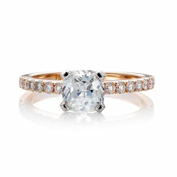 18ct Rose and White Gold cushion cut diamond engagement ring with diamond band