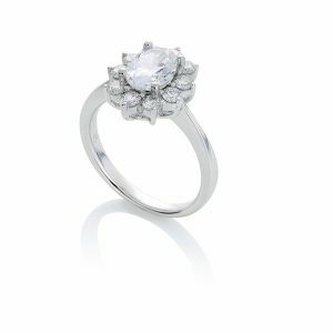 18ct White gold oval diamond engagement ring with halo and tapered band