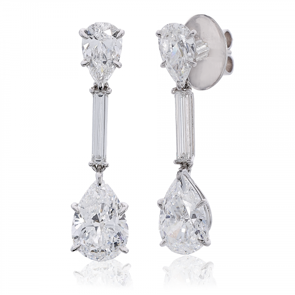 Platinum Pear and Baguette Shape Diamond Drop Earrings