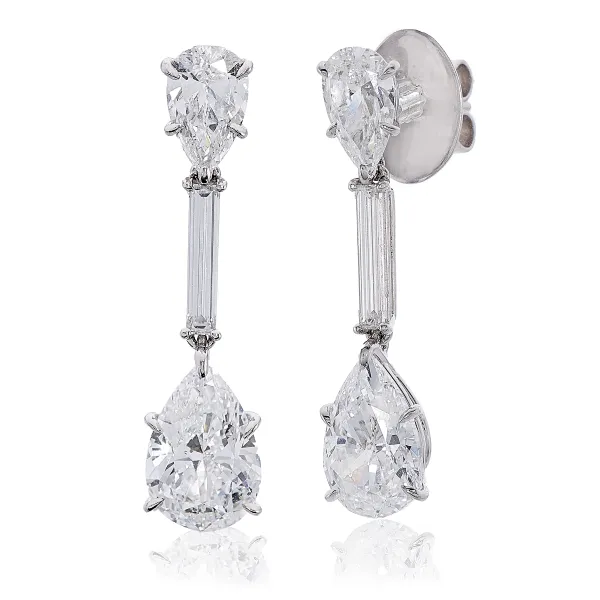 Platinum Pear and Baguette Shape Diamond Drop Earrings