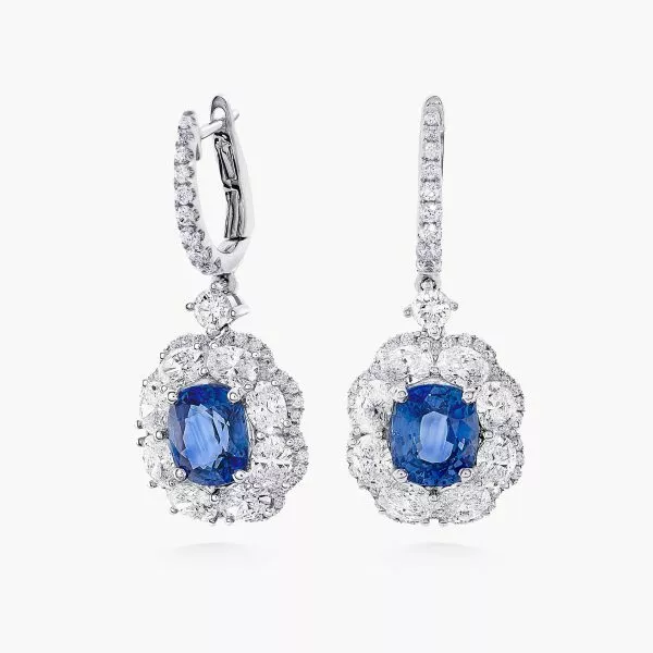 18ct white gold oval blue ceylon sapphire & diamond drop earrings