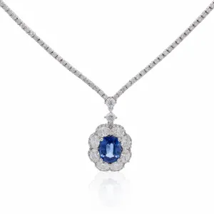 18ct white gold oval ceylon sapphire and diamond drop necklace