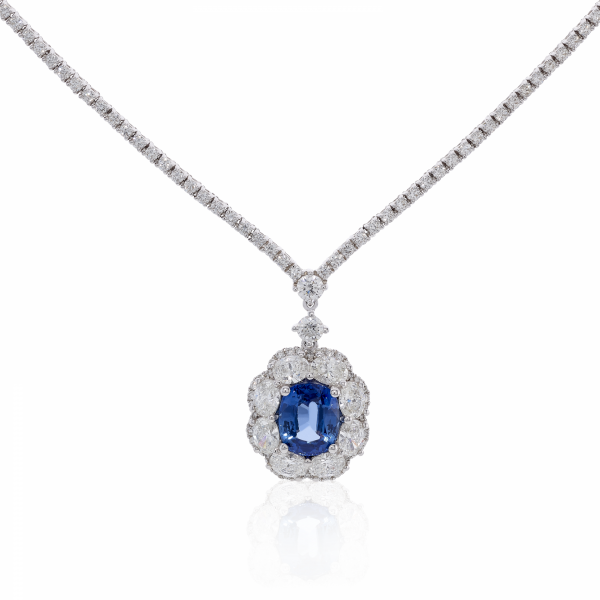 18ct white gold oval ceylon sapphire and diamond drop necklace - Image 2