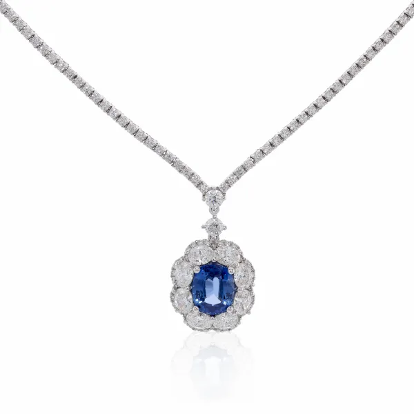 18ct white gold oval ceylon sapphire and diamond drop necklace - Image 2
