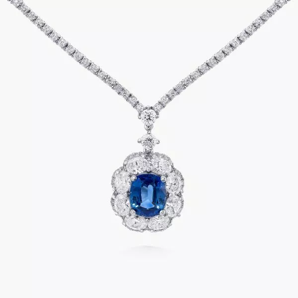 18ct white gold oval ceylon sapphire and diamond drop necklace