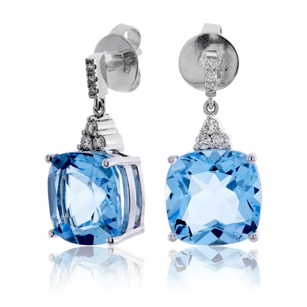 18ct white gold cushion cut blue topaz and diamond drop earrings