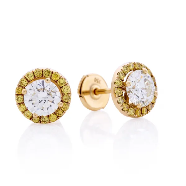 18ct Yellow Gold Diamond Stud Earrings With Yellow Diamond Halo