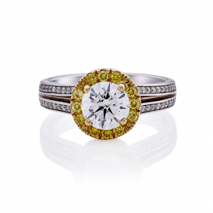 18ct yellow and white gold diamond ring with fancy yellow diamonds halo