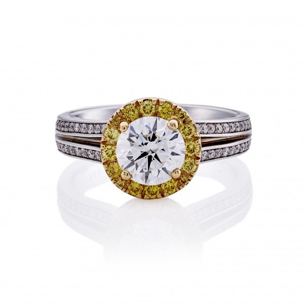 18ct yellow and white gold diamond ring with fancy yellow diamonds halo