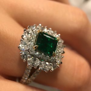 18ct white and yellow gold 2.04ct green emerald and diamond ring