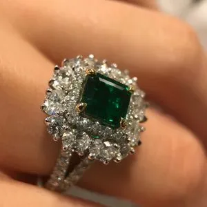 18ct white and yellow gold 2.04ct green emerald and diamond ring