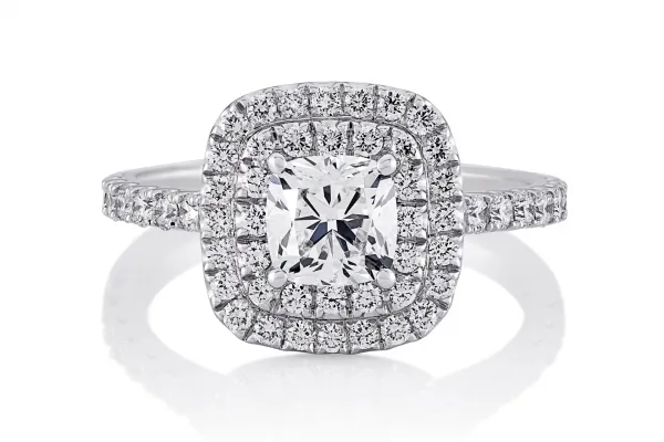 18ct white gold cushion cut diamond ring with two halos