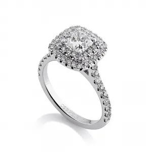 18ct white gold cushion cut diamond ring with two halos