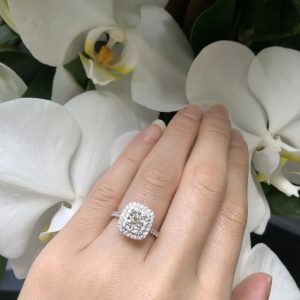 18ct white gold cushion cut diamond ring with two halos