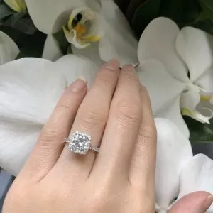 18ct white gold cushion cut diamond ring with diamond halo