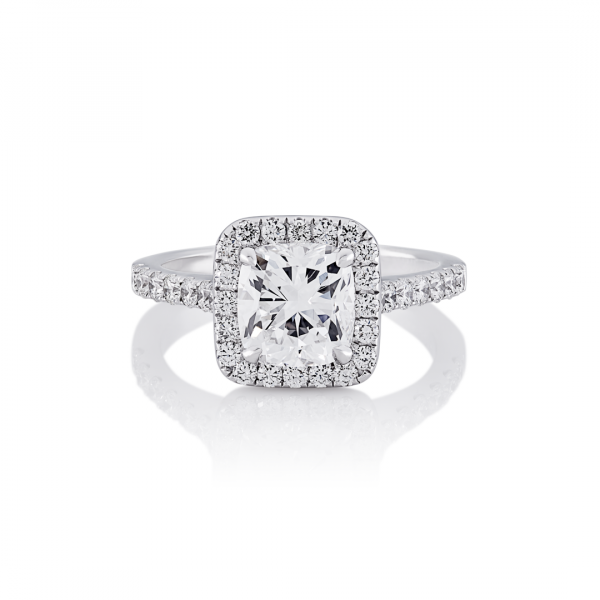 18ct white gold cushion cut diamond ring with diamond halo