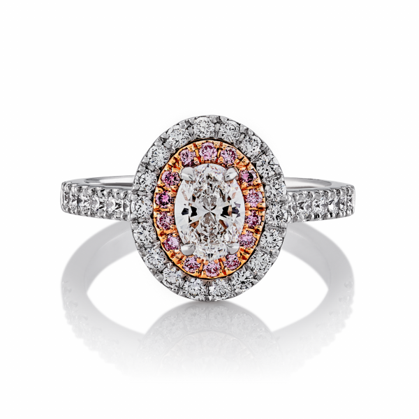 18ct white & rose gold oval diamond ring with fancy pink diamonds