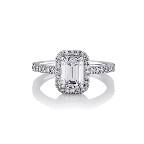 18ct white gold emerald cut diamond ring with halo