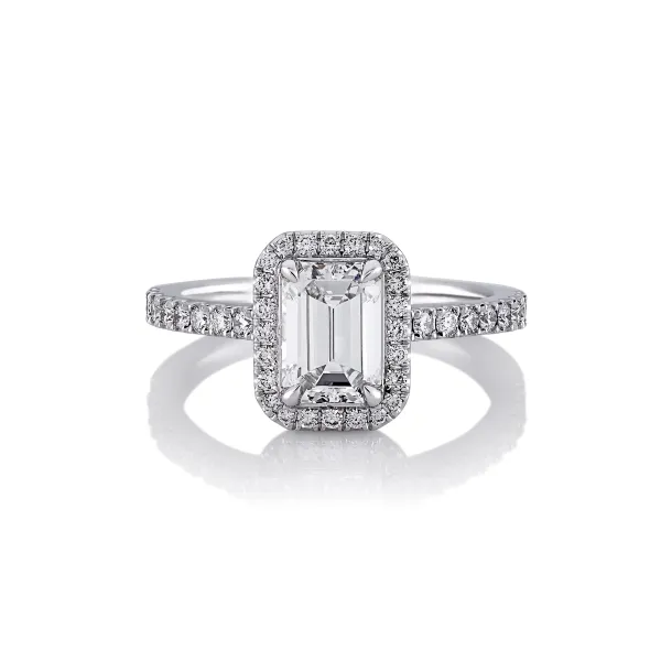 18ct white gold emerald cut diamond ring with halo