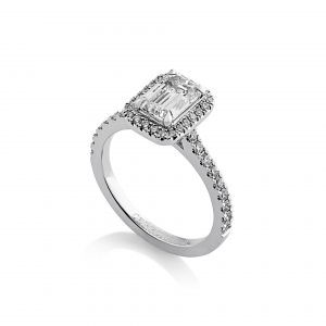 18ct white gold emerald cut diamond ring with halo