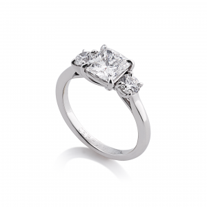 18ct white gold cushion cut three stone diamond ring