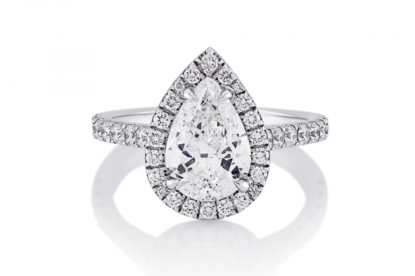 18ct white gold pear shaped diamond ring with diamond halo
