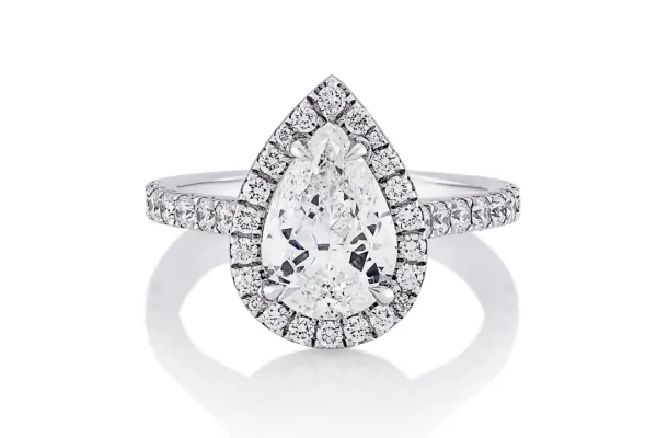 18ct white gold pear shaped diamond ring with halo