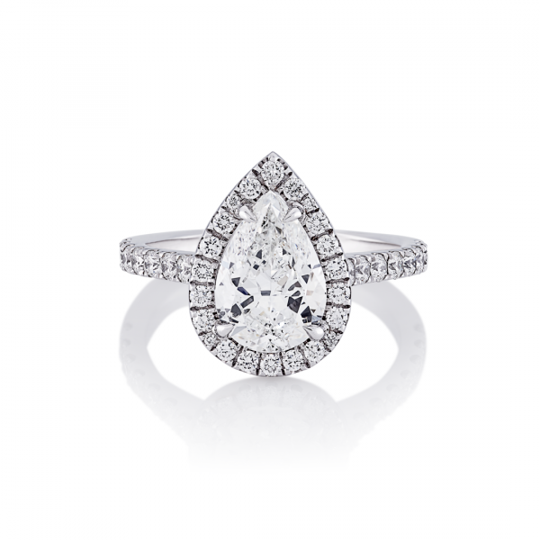 18ct white gold pear shaped diamond ring with diamond halo
