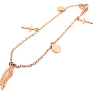 18ct rose gold cross, medallion and feather charm rosary bracelet