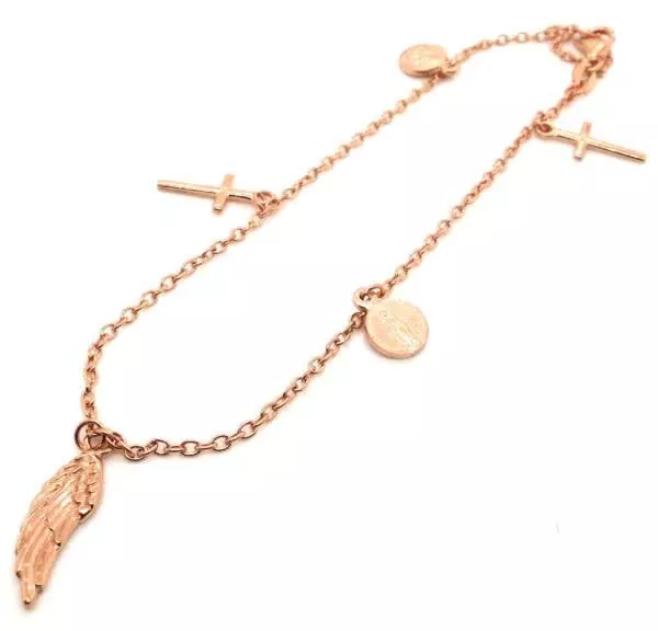 18ct rose gold feather charm rosary bracelet