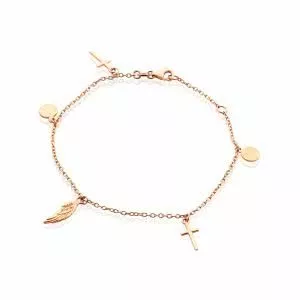18ct rose gold cross, medallion and feather charm rosary bracelet