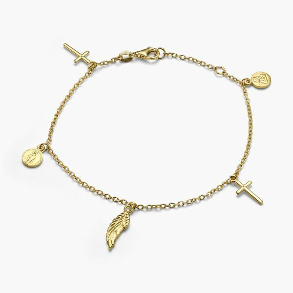 18ct yellow gold feather, medallion & cross charm rosary bracelet
