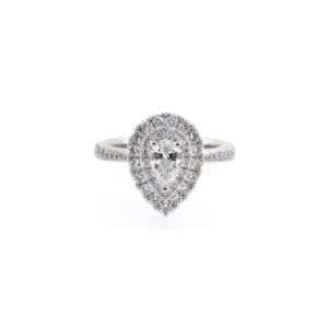 18ct white gold 0.29ct E VS1 pear shaped diamond ring with double halo