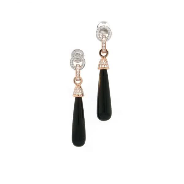18ct rose and white gold black onyx and diamond drop earrings