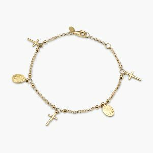 18ct yellow gold cross & medallion charm rosary bracelet
