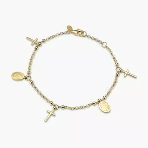 18ct yellow gold cross & medallion charm rosary bracelet