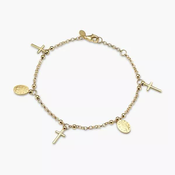 18ct yellow gold cross & medallion charm rosary bracelet