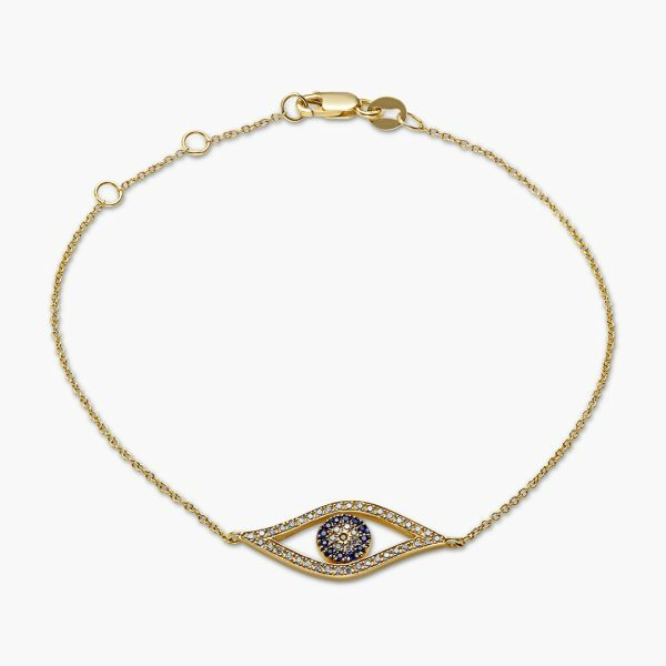 18ct yellow gold diamond and blue sapphire evil eye bracelet