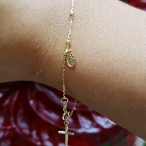 18ct yellow, rose and white gold rosary beads bracelet with cross and medallion
